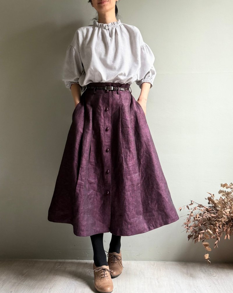 櫻花女神/神秘紫高腰開扣摺子中長裙/不含腰帶100%Linen - 裙子/長裙 - 棉．麻 紫色