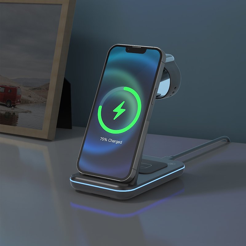 All New 2023 Minthouz 3-in-1 Wireless Charger with 20W QC Power Adapter - Phone Charger Accessories - Plastic Black