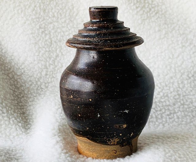 中國宋黑褐釉帶蓋茶罐│自然古樸吉州窯古件收藏  設計館瑞文堂茶壺