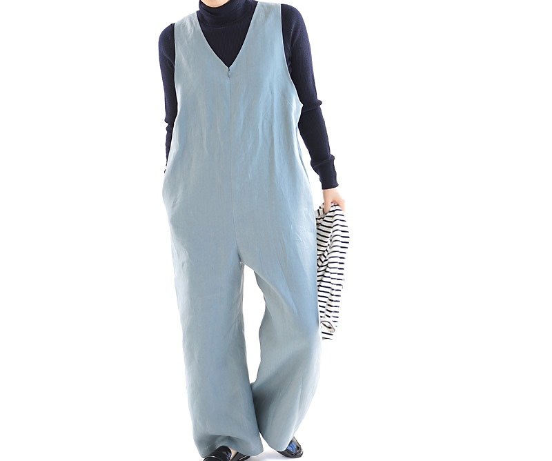 linen / all in one / overall dress / front zipper / blue / bo7-1 - Overalls & Jumpsuits - Cotton & Hemp Blue