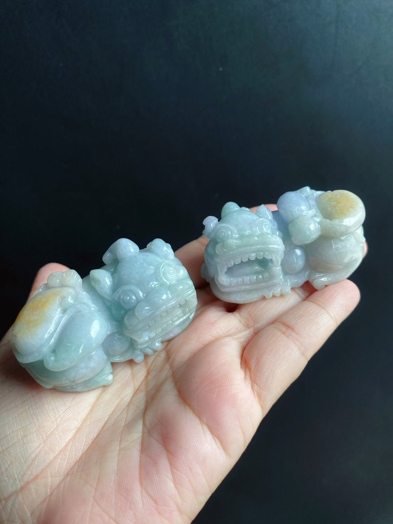 僅此一對 天然緬甸玉 黃翡 翡翠 大貔貅 公母成對 禮物 小擺件 - 其他 - 玉石 綠色
