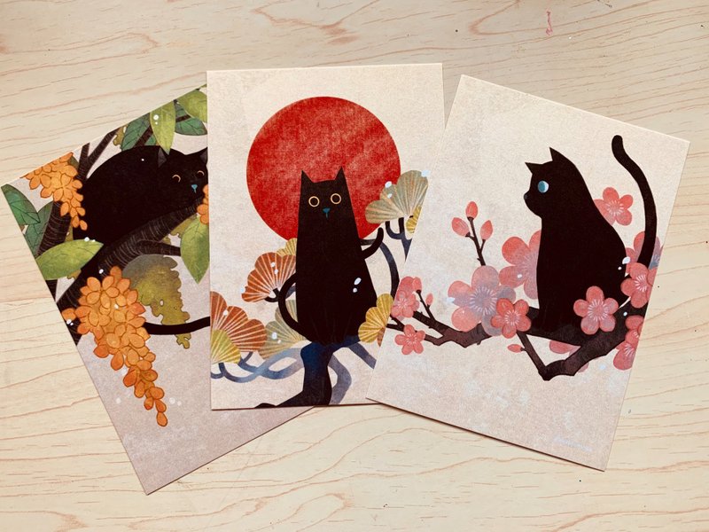 (Original postcard from Mori Hideo) Antique black cat postcard (a set of three) - การ์ด/โปสการ์ด - กระดาษ 