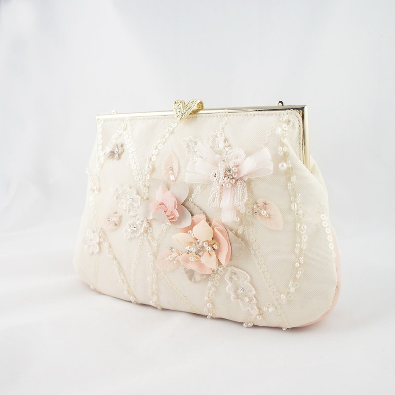 【Dinner Series】Flower Fairy Bead Embroidery Bag - Handbags & Totes - Cotton & Hemp Pink