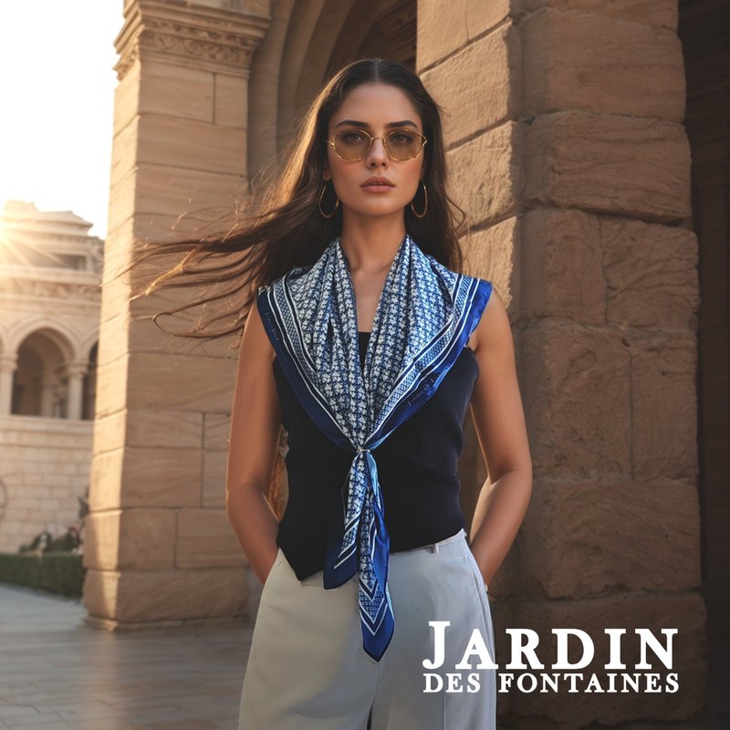 JDF Monogram 維多利亞 大方巾絲巾90厘米 Jardin Des Fontaines - 絲巾 - 聚酯纖維 藍色