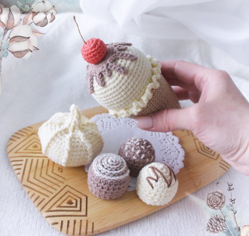 CozyToysByOreshek Play food set of crochet sweets, Ice cream toy with cherry, Kids pretend kitchen