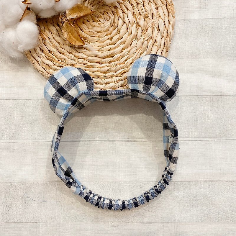 Bear ear hair band (blue grid) - Baby Hats & Headbands - Cotton & Hemp Blue
