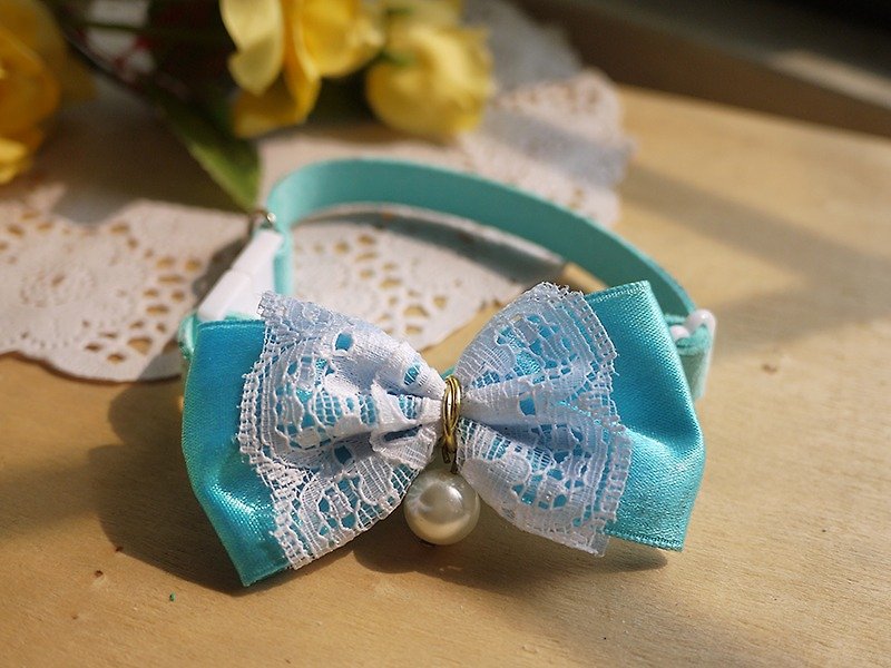 "Water Blue" lace small pearl bowknot ribbon ︱ safe hand-made cat and dog pet collars/collars/hair accessories ♥Cherry Pudding♥ - ปลอกคอ - ผ้าฝ้าย/ผ้าลินิน สีน้ำเงิน