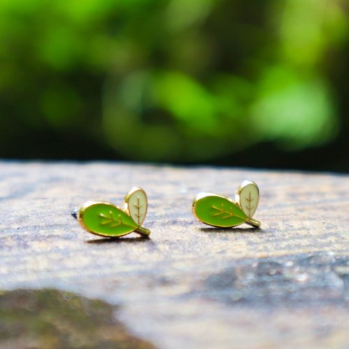 Little OH! 手工飾品 黃綠小枝葉 花草植物 夾式耳環 生日禮物 葉子