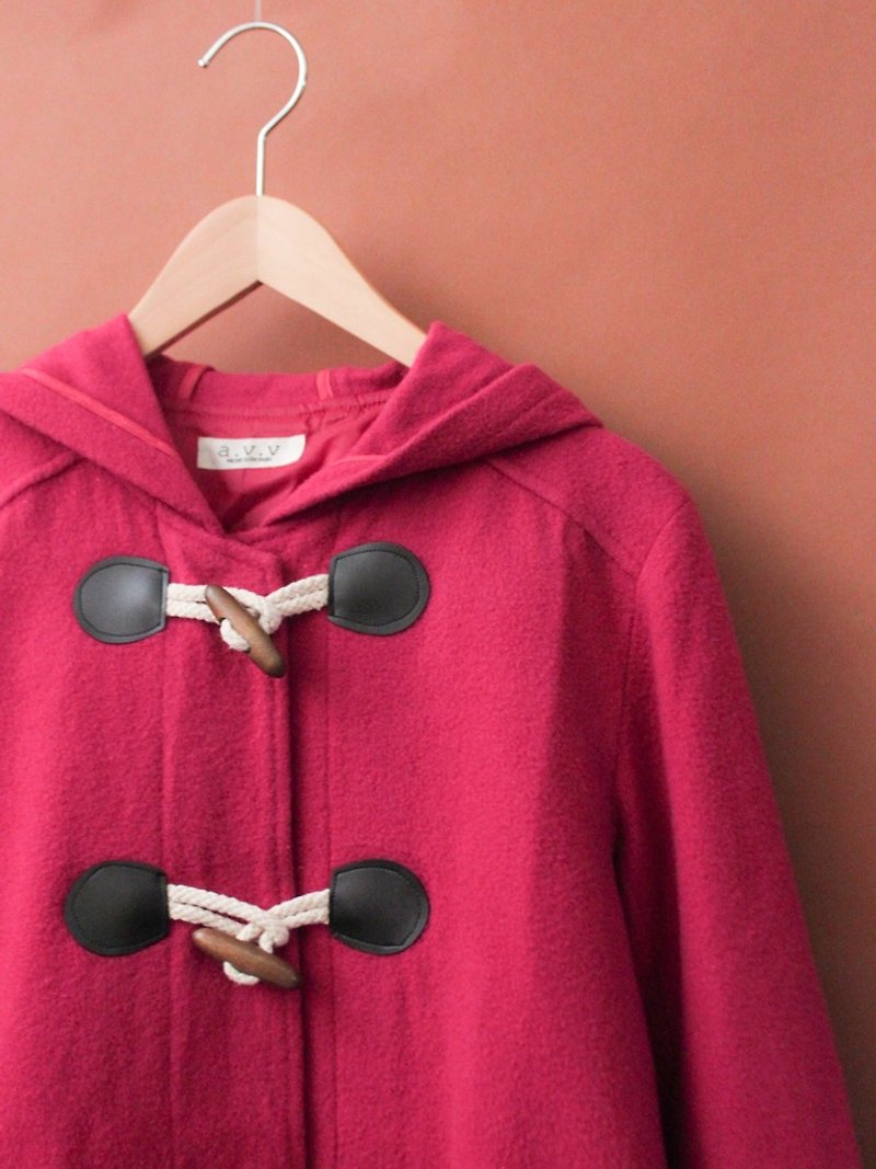 復古秋冬桃紅色寬鬆連帽古著牛角扣大衣外套 - 外套/大衣 - 羊毛 粉紅色