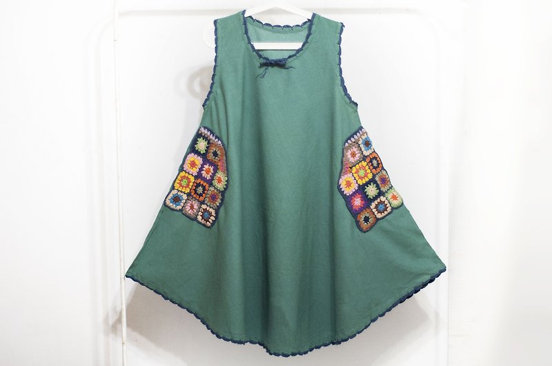 Woven pocket cotton and linen dress / ethnic style blue dyed dress / flower dress / bohemian dress - green - One Piece Dresses - Cotton & Hemp Green