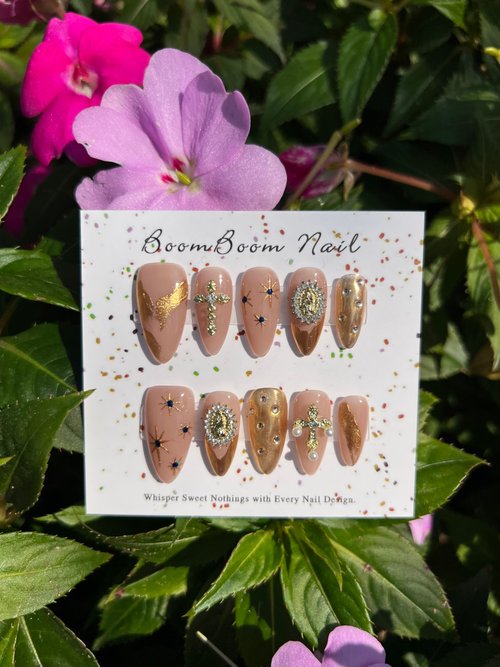 BoomBoomNail 金色十字架穿戴甲/閃鑽石美甲/3D設計/婚禮飾品/手工手繪指甲貼