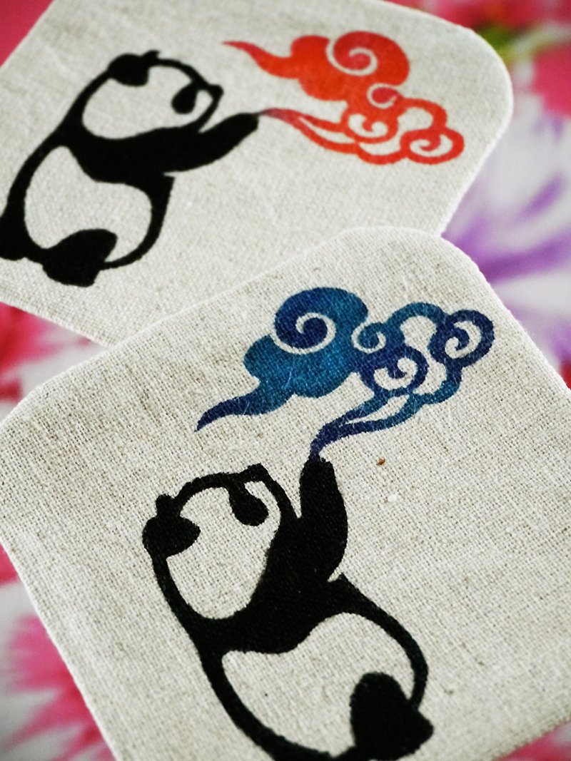 Okuma cat panda stamper coaster blue cloud - ที่รองแก้ว - ผ้าฝ้าย/ผ้าลินิน 