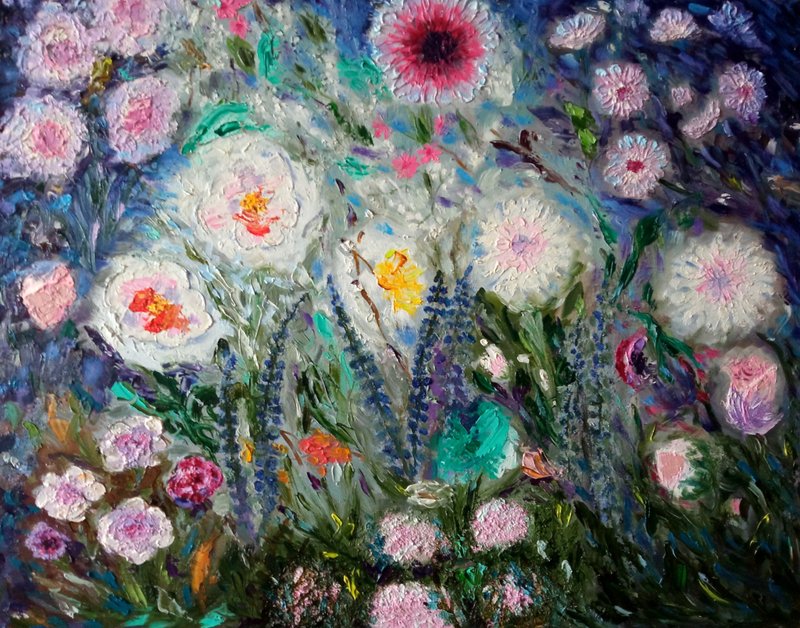 Night Flowers, original oil painting - 壁貼/牆壁裝飾 - 其他材質 