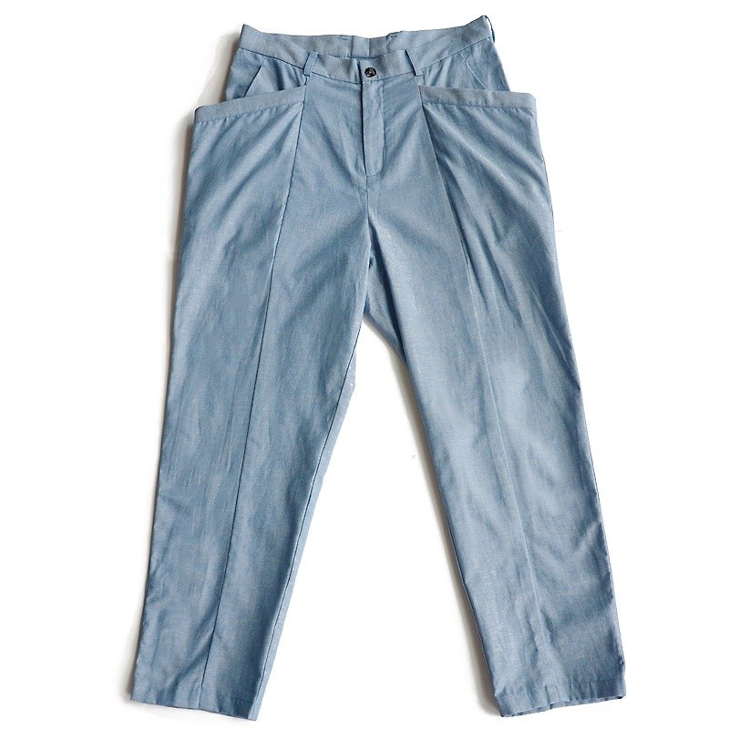 藍色 大口袋 九分棉麻長褲-出清品 - 工裝褲/長褲/牛仔褲 - 棉．麻 藍色