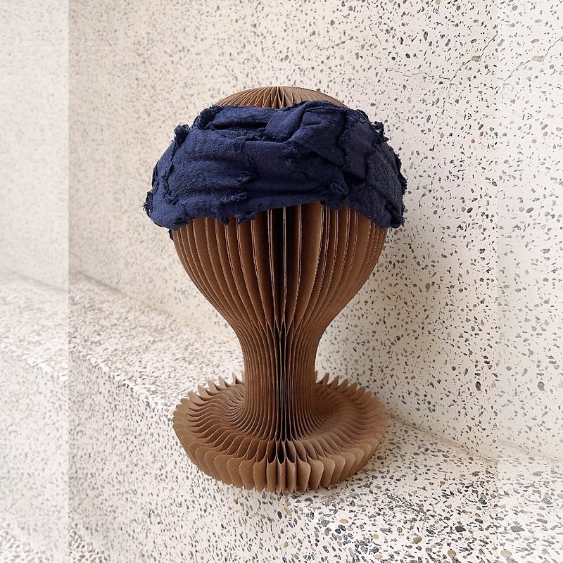 ダークブルーの織り花タッセル伸縮性のある幅広のヘッドバンド - ヘアアクセサリー - コットン・麻 ブルー