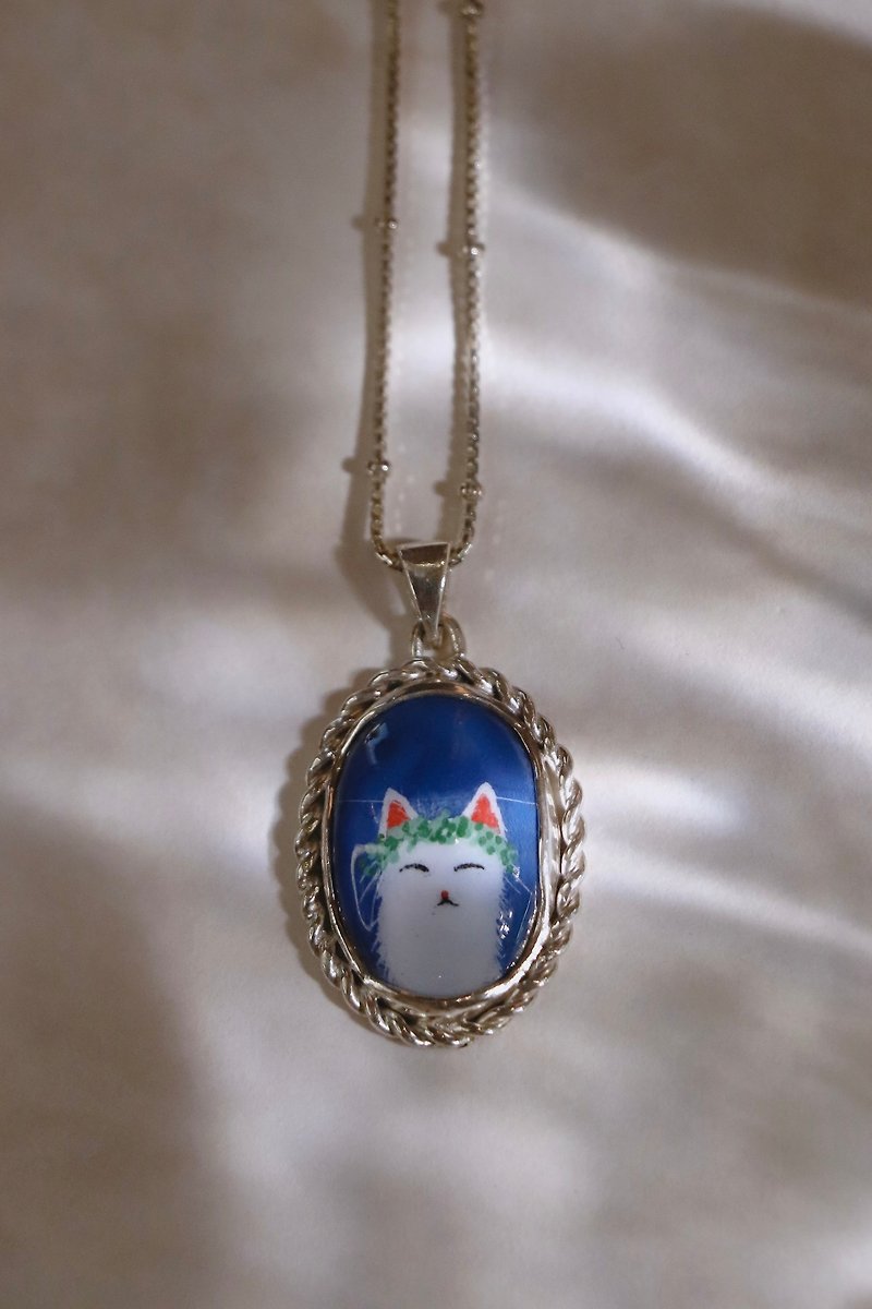Painted enamel series Meow in the Ocean sterling silver necklace - Necklaces - Sterling Silver Silver