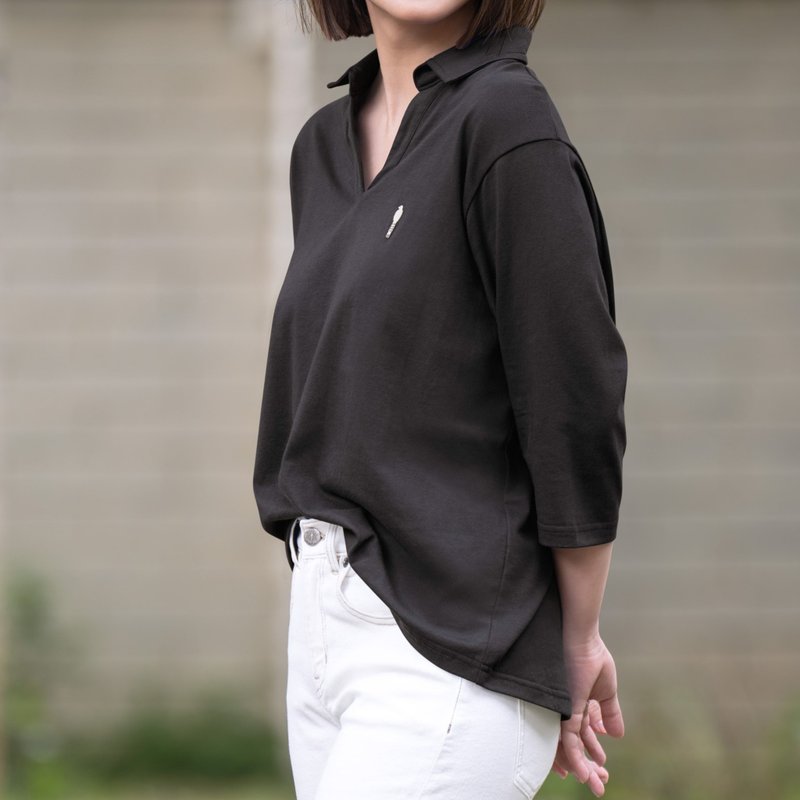 Lady Polo 鉛筆灰∣氣質V領7分袖。銀河灰藍鵲電繡。4色細纖純棉 - 女上衣/長袖上衣 - 棉．麻 