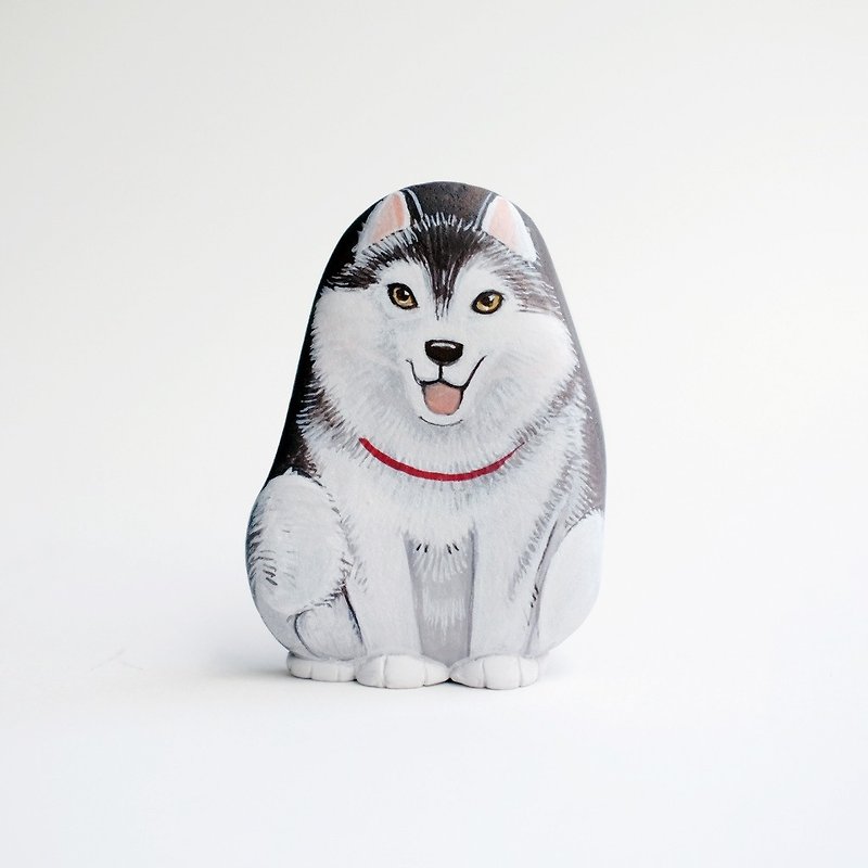 シベリアン・ハスキー犬の石の絵画、アクリル塗装。 - 人形・フィギュア - 石 ホワイト