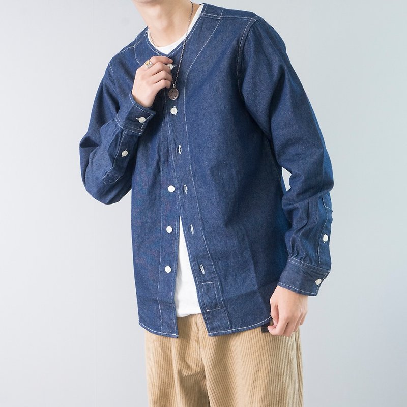 Japanese matching American retro baseball collar denim shirt primary color denim long sleeve shirt denim shirt - เสื้อเชิ้ตผู้ชาย - ผ้าฝ้าย/ผ้าลินิน สีน้ำเงิน