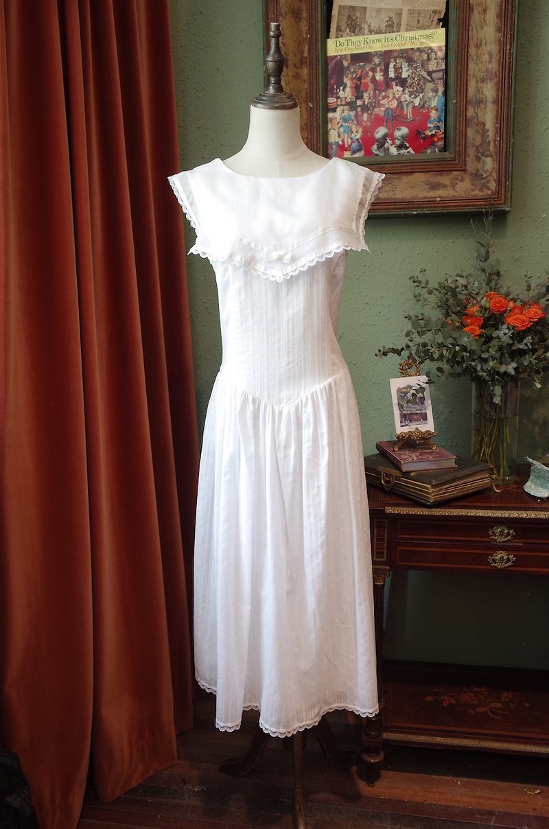 vintage American GunneSax lace lapel dress vintage dress - ชุดราตรี - ผ้าฝ้าย/ผ้าลินิน 