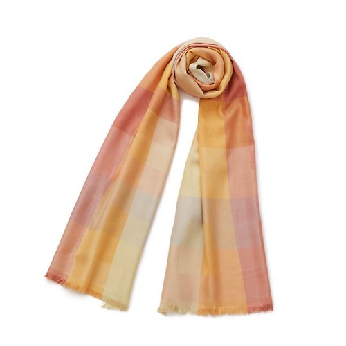 MOTHERHOUSE 棋盤格紋絲質圍巾-粉色X淺橘色(數量有限 售完為止)