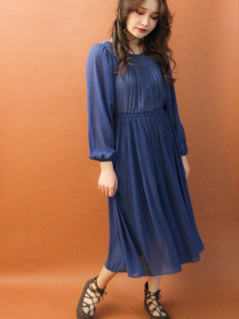 復古秋冬典雅簡約圓領寬鬆深夜藍色長袖古著洋裝 Vintage Dress - 洋裝/連身裙 - 聚酯纖維 藍色