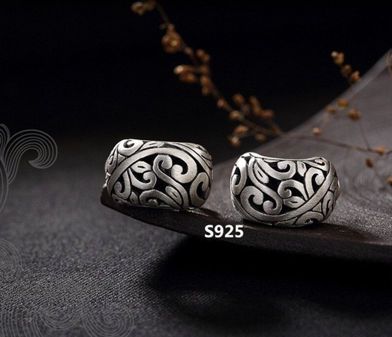 S 925 Sterling Silver Women Handmade Fine Jewelry Vintage Engraved Stud Earrings - Earrings & Clip-ons - Sterling Silver Silver