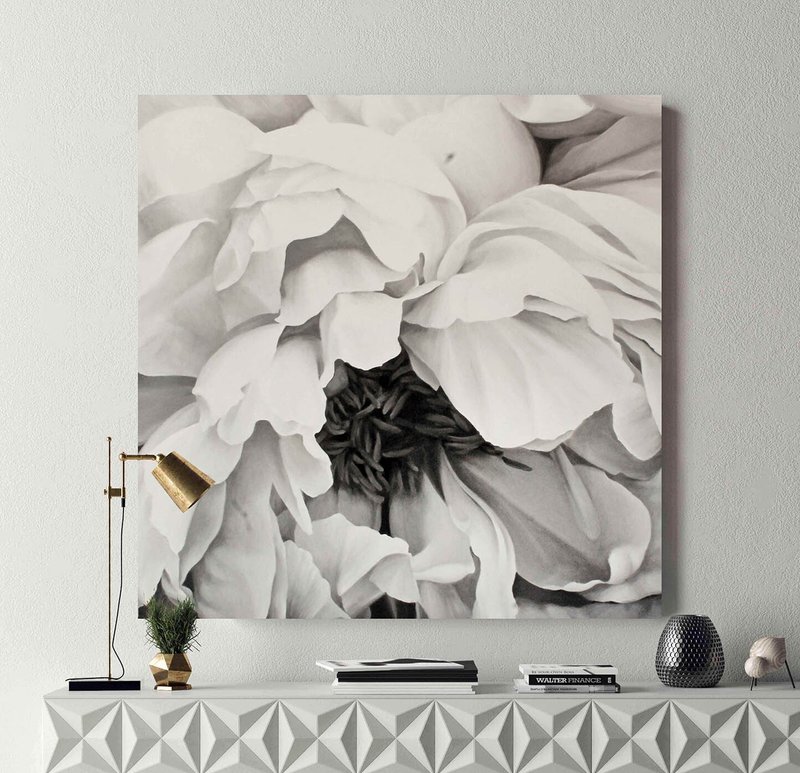 Peony Painting | Large Flower Painting | White Flower Painting | Blooming Peony - 壁貼/牆壁裝飾 - 棉．麻 灰色
