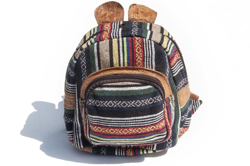 皮革拼接設計後背包 真牛皮肩背包 民族風登山包 拼布包-棉麻兔子 - 後背包/背包/書包 - 真皮 多色