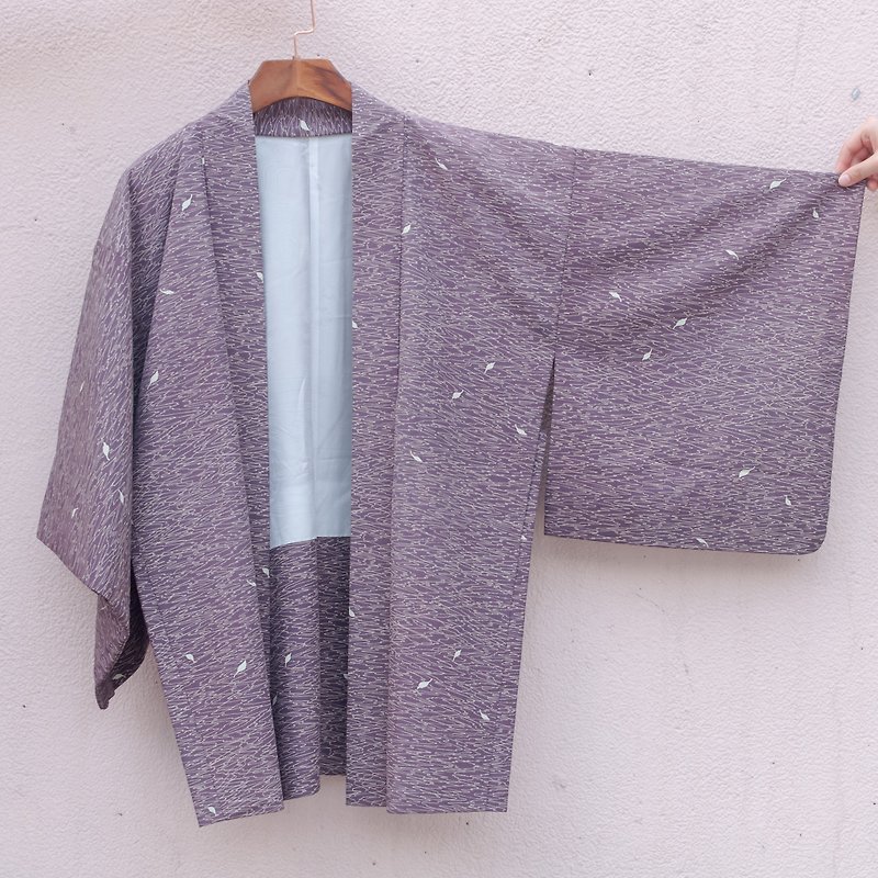 ヴィンテージ着物/ nの紫の絹の煙プルーム川は、織り柄の葉 - ジャケット - シルク・絹 パープル