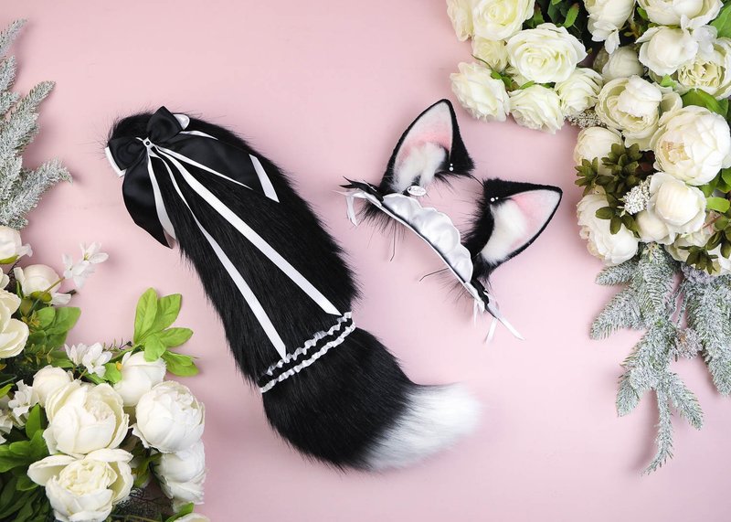 Maid Fox Ears and Tail Set Faux Fur Ears and Tail Set - เครื่องประดับผม - ไฟเบอร์อื่นๆ สีดำ