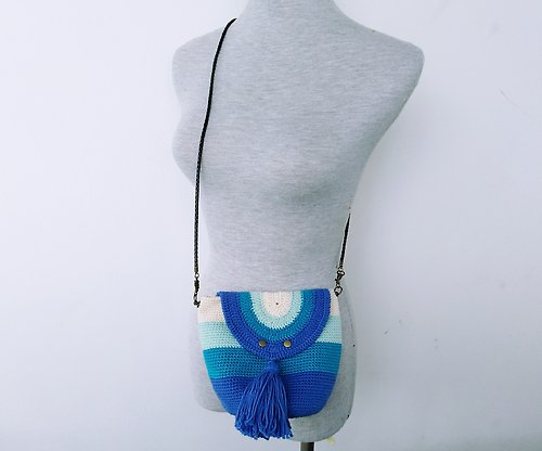 花兔手作 Hwatokki Handmade 土耳其藍流蘇皮底磁釦純棉編織小挎包 斜背包