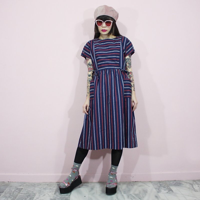 Made in Japan (Vintage dress) Dark blue stripes Japanese vintage dress (birthday gift) F3222 - One Piece Dresses - Cotton & Hemp Blue