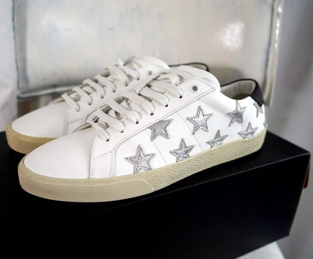 SAINT LAURENT White Leather Star Pattern Sneakers (Size 42