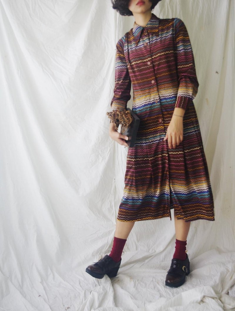Treasure hunt vintage - geometric coffee color stripes knit dress - One Piece Dresses - Paper Brown