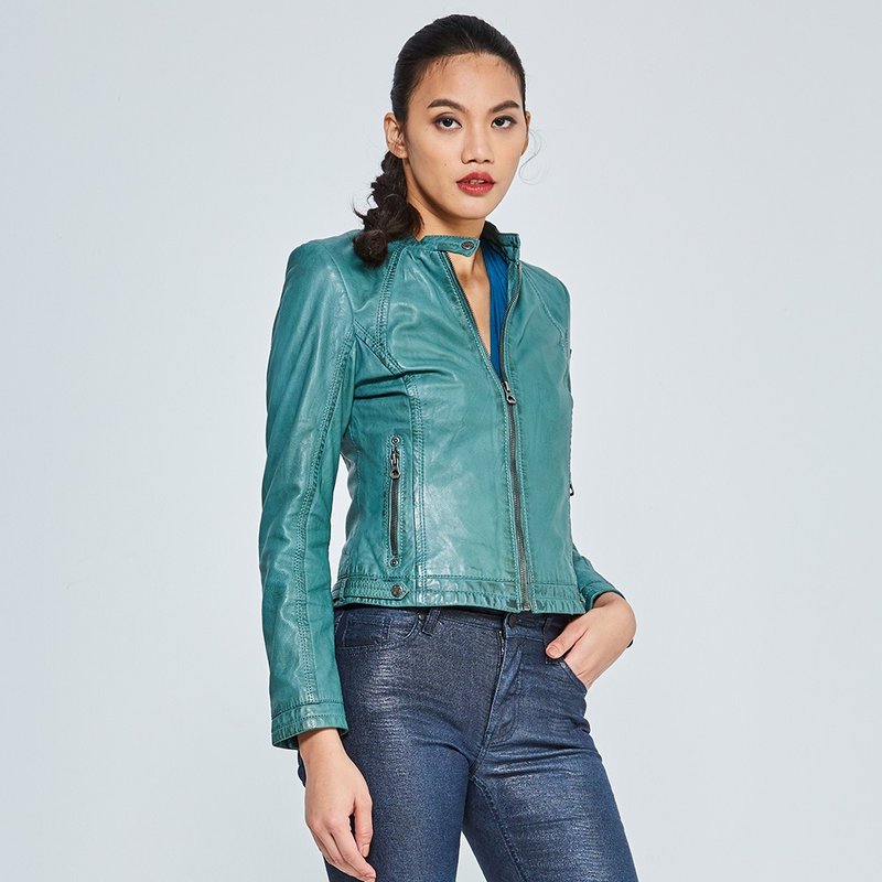 Refurbished[German GIPSY] GGJany simple button-down solid color leather jacket malachite green - เสื้อแจ็คเก็ต - หนังแท้ สีเขียว