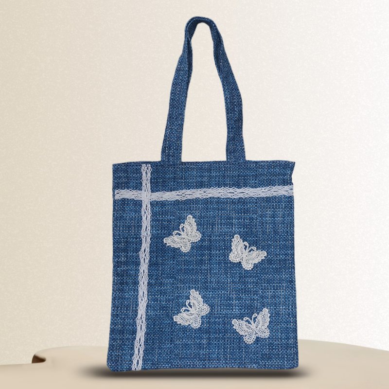 Strong reusable blue tote bag, eco friendly, canvas soft bag with butterflies - กระเป๋าถือ - ผ้าฝ้าย/ผ้าลินิน สีน้ำเงิน