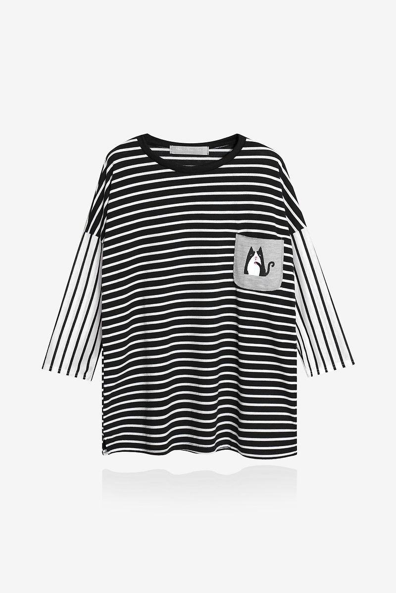 [Last one] 舔舔小肉掌跩跩花喵-Black stripe stitching T - Women's T-Shirts - Cotton & Hemp Black