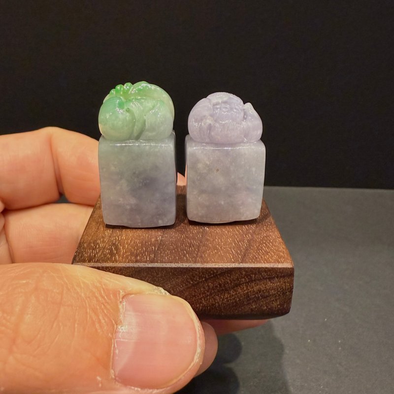 瀚玉珠寶 天然緬甸翡翠 雙彩荷花印章一對 春帶彩對印 紫羅蘭翡翠 - 其他 - 玉石 
