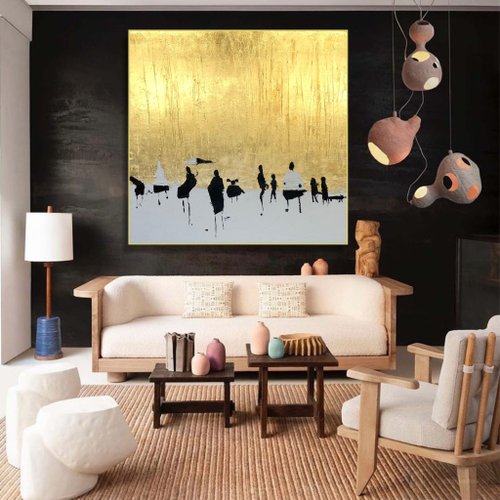 TrendGallery Abstract People Acrylic Painting Original Gold Leaf Textured Wall Art Modern Art