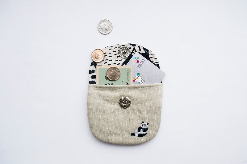 熊貓 Panda Embroidered Linen Wee Pouch - กระเป๋าใส่เหรียญ - ผ้าฝ้าย/ผ้าลินิน หลากหลายสี