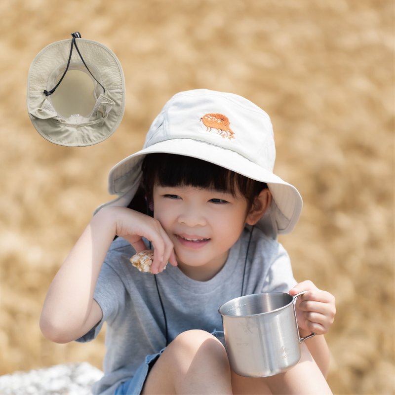 Cream white splash-proof children's sunscreen hat - neck protection UPF glasses holder quick release rope adjustment - หมวก - วัสดุอีโค 