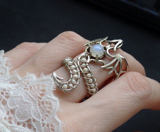 Silver dragon ring Wire wrap jewelry Moonstone ring White dragon