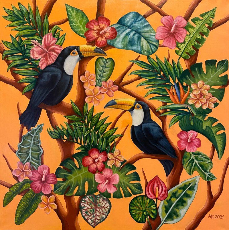Bird's Couple, original oil painting, oil on canvas, toucan bird in tropics - 壁貼/牆壁裝飾 - 其他材質 多色