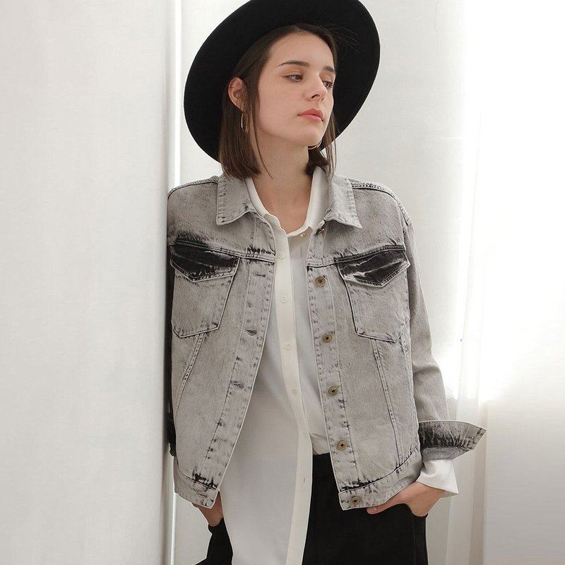 AVVJOY | Sexy washed denim jacket denim gray - เสื้อสูท/เสื้อคลุมยาว - วัสดุอื่นๆ 