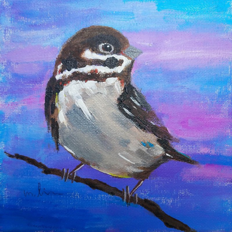 Little sparrow in the morning original oil painting unique - Items for Display - Cotton & Hemp 