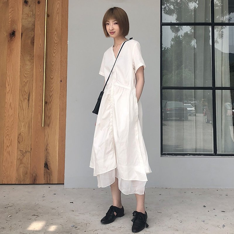 日系不規則拼接連衣裙-白色|連衣裙|棉|獨立品牌|Sora-154 - 連身裙 - 棉．麻 白色