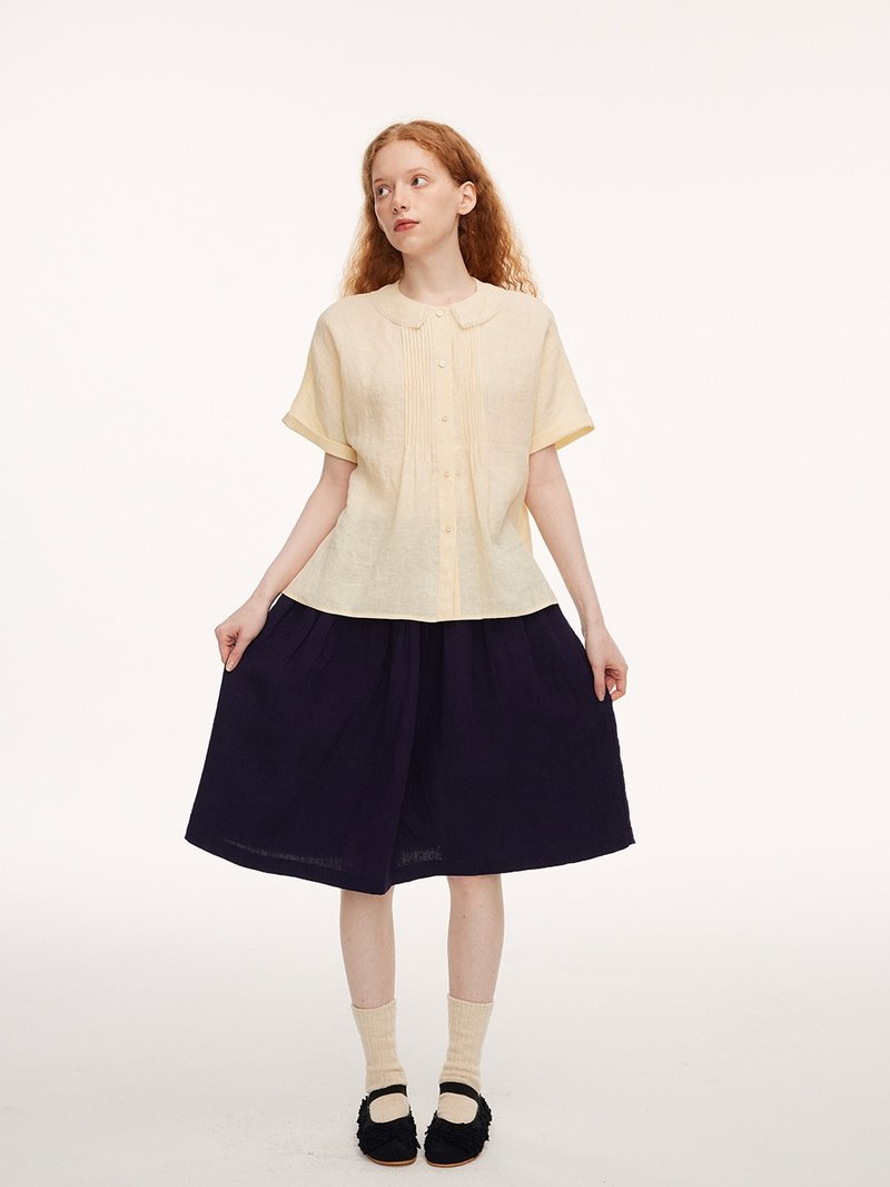 Artistic lace collar summer cool linen cream yellow short-sleeved shirt - เสื้อผู้หญิง - ผ้าฝ้าย/ผ้าลินิน สีเหลือง