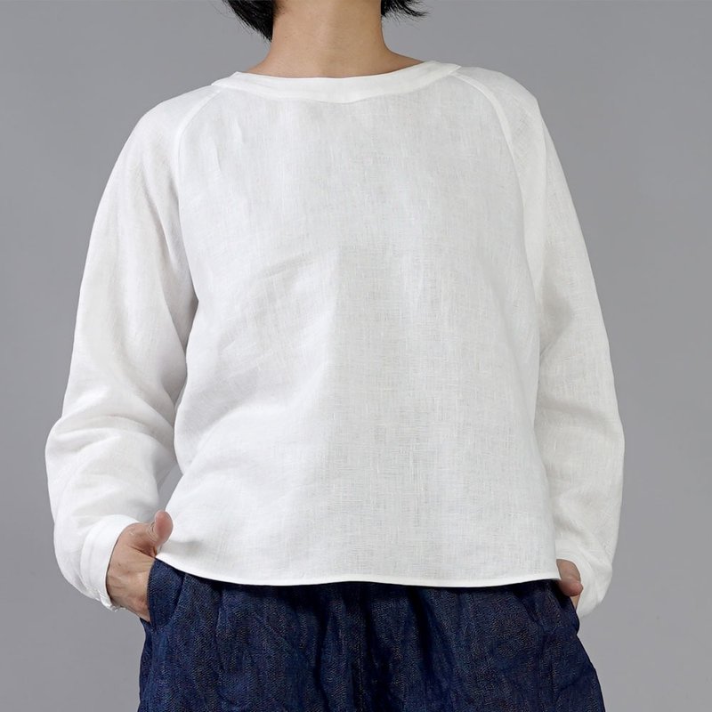 wafu - 純亞麻上衣 Midweight Linen Elastic Neck Blouse / White t049a-wht2 - 女上衣/長袖上衣 - 羊毛 白色