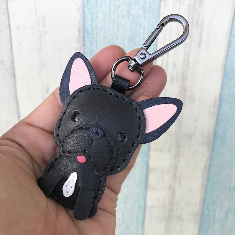 Healing Small Objects Handmade Leather Black French Dog Fighting Hand-stitched Keychain Small Size - Keychains - Genuine Leather Black